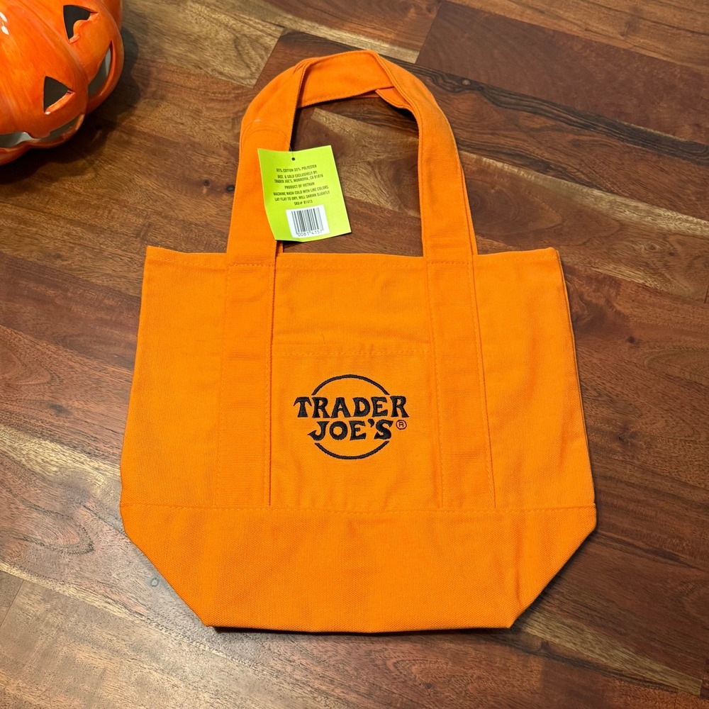 Trader Joe's Mini Canvas Tote Bag Orange Embroidered Logo NWT